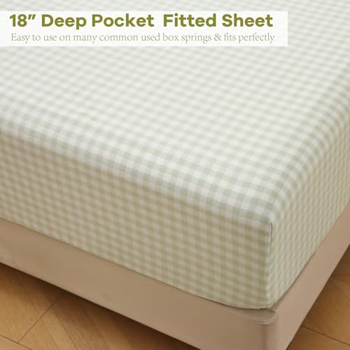 K MASANIJI Pile Green White Plaid Ruffle Gingham Sheets Full Size 4-Piece Set, 300TC 100% Yarn Dyed Cotton Sheets 18 in Deep Pocket Kids Preppy Decorative Bedding (Pile Green/White Plaid, Full) K MASANIJI