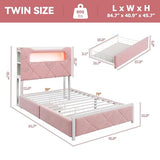 Twin Upholstered LED Bed Frame with 2 Storage Drawers and 2-Tier Storage Bookcase Headboard, Velvet Princess Platform Bed for Kids/Girls/Boys, Heavy Duty Metal Support, No Box Spring Needed, Pink Jocoevol