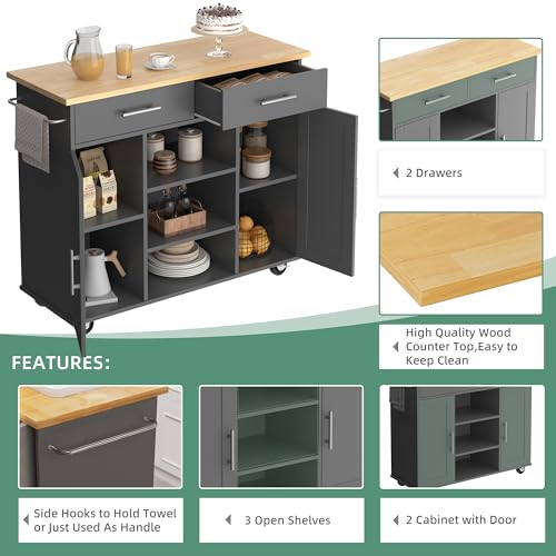 Shintenchi Kitchen Island with Storage, Kitchen Island Cart on Wheels with 3 Open Shelves, 2 Drawers and 2 Cabinets, Rolling Kitchen Table with Large Countertop, Gray