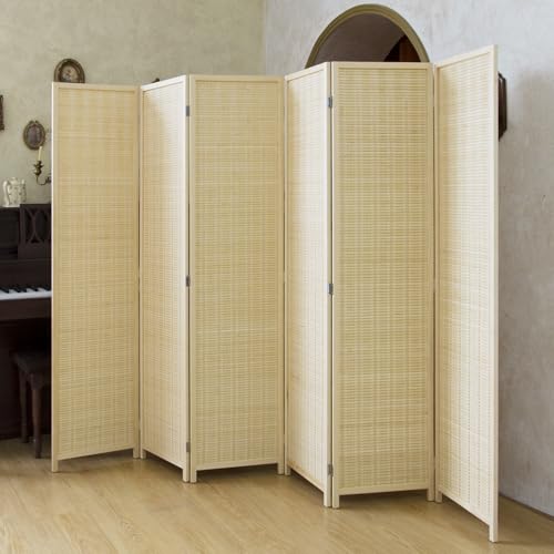 Loomveil 6 Panel Room Divider Folding Privacy Screen,67 inch Bamboo Panel Divider for Home Partition,Beige Loomveil