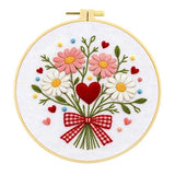Zhenqing Love Heart Bouquet Embroidery Kit for Beginners, Pre-Printed 29x29cm Cotton Fabric with 20cm Hoop, Sweet Floral Design with Bow and Daisies (C0237)