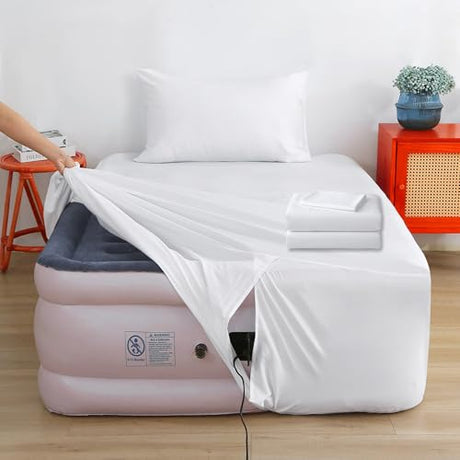 Air Mattress Sheet Set Twin Size,3 Piece Deep Pocket Bed Sheet Set for 16-24 Inch Air Bed,Easy Inflate Access,Perfect for Guest Room, RV, Camping,White Bedecor