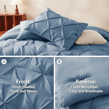CozyLux King Size Comforter Set Grayish Blue, 7 Pieces Pintuck Bed in A Bag Blue Comforter King Size, Pinch Pleat Bedding Set with All Season Comforter, Sheets, Pillowcases & Shams CozyLux