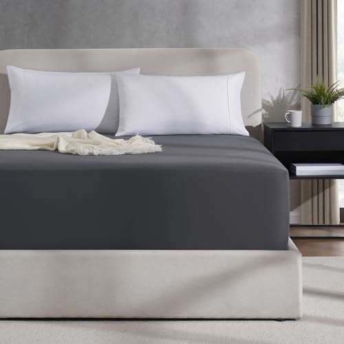 Nestl Dark Grey Extra Deep Pocket King Fitted Sheet Only, Hotel Luxury King Size Fitted Sheets Easily Fits 18 to 24 Inch Mattress, Super Soft, Wrinkle-Free, and Breathable Sheets with Corner Straps Nestl