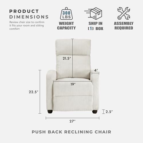 Lexicon Corduroy Pushback Recliner Chair Armchair Push Back Recliner, Solid Wood Frame and Metal Base, Easy Assembly Small Soft Single Sofa Accent Chair for Living Room/Office/Apartment, Beige