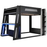Merax Queen Over Queen Wooden Gaming Bunk Bed with Built-in Desk, LED Lights, USB Port, and 2 Storage Shelves, Solid Wood Gaming Loft Bed for for Bedroom, Black+Grey Merax