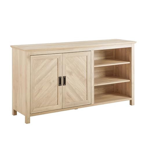 Walker Edison Modern Wood Grooved Buffet Sideboard with Open Storage-Entryway Serving Storage Cabinet Doors-Dining Room Console, 58 Inch, Birch - WoodArtSupply