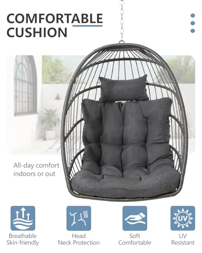 SWITTE Egg Chair Outdoor with Footrest & Stand, Indoor Wicker Hanging Egg Swing Hammock Chair with Cushion for Patio, Bedroom, Garden - Dark Gray SWITTE