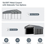 10x15FT Metal Carport Kits with Galvanized Steel Roof, Heavy Duty Metal Frame Carports Canopy with Removable Sidewalls, Garage Car Tent Shelter for Tractors, Boat, Car, Gray DOVELF