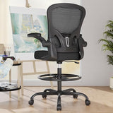 Ergonomic Drafting Chair, Tall Office Chair with Flip-up Armrests, Breathable Mesh High Desk Chair with Lumbar Support Adjustable Footrest Ring for Standing Desk Black Synorla