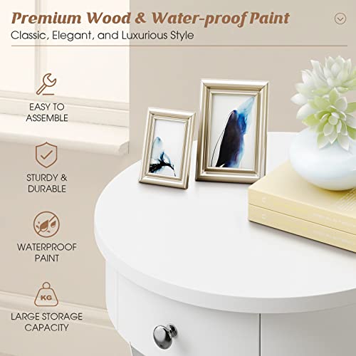 Giantex Round End Table with Drawer, 2-Tier Wood Side Table w/Open Shelf, Small Sofa Side Table for Small Space, Multipurpose Accent Table for Bedroom Living Room Home (1, White) Giantex