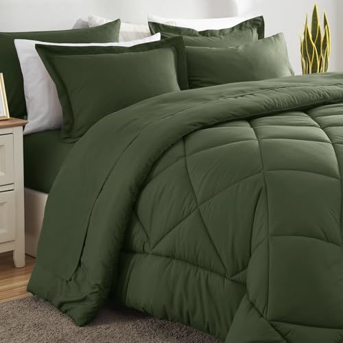 CozyLux Queen Comforter Set Olive Green - Bed in a Bag Queen Size 7 Pieces, Luxury Soft Bed Set for All Seasons, Bedding Set with Down Alternative Comforter, Sheets, Pillowcases & Shams CozyLux