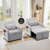 Convertible Sleeper Chair-Fabric Futon Sofa Bed, Single Sleeper Sofa, Small Couch Bed with USB Port, Foldable Table, Pillow, Adjustable Backrest for Dorm/Bedroom/College Lightgrey COLAMY