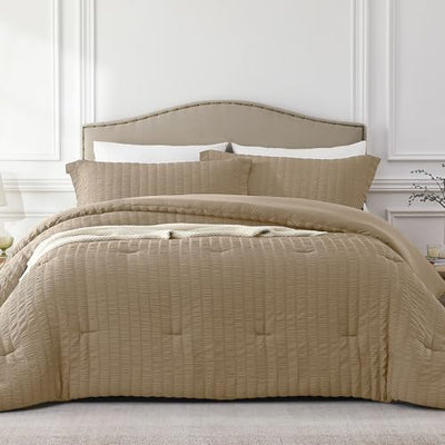 Quataly Brown Full Comforter Set - 3 Pieces Seersucker Lightweight Bedding Comforter Sets (1 Soft Fluffy Comforter & 2 Pillowcases) - All Seasons Cozy Modern Bed Sets