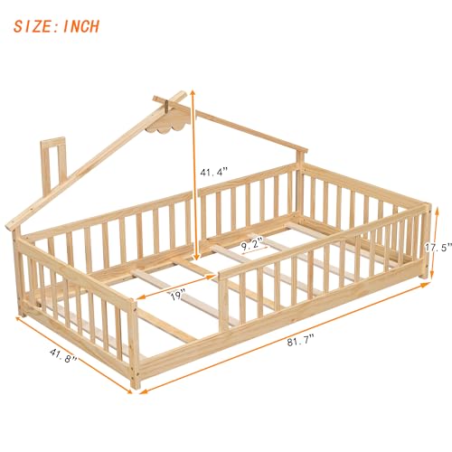 Bellemave Twin Size Montessori Floor Bed with House Roof and Safety Rails - Natural Wood Frame for Kids - WoodArtSupply