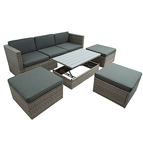 Goohome 5 Pieces Outdoor Patio Sectional Sofa Couch, PE Wicker Furniture Conversation Sets with Adustable Backrest & Washable Cushions & Ottomans & Glass Coffee Table for Garden, Poolside, Backyard Goohome