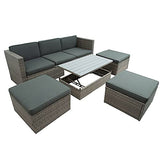 Goohome 5 Pieces Outdoor Patio Sectional Sofa Couch, PE Wicker Furniture Conversation Sets with Adustable Backrest & Washable Cushions & Ottomans & Glass Coffee Table for Garden, Poolside, Backyard Goohome