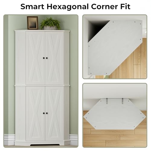 IRONCK Corner Cabinet, 72" H Kitchen Pantry Storage Cabinet, 4 Barn Doors with Storage Rack, 4 Adjustable Shelves, 6-Tier Tall Food Pantry Cabinet, Farmhouse Hutch for Kitchen Dining Room, White IRONCK