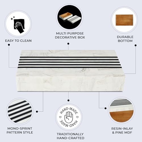 Handicrafts Home Large Decorative Storage Box with Lid – Black White Modern Storage Box, Remote Control Organizer for Coffee Table, Console & Living Room Decor – Mono Sprint 12 x 6 x 2 Handicrafts Home