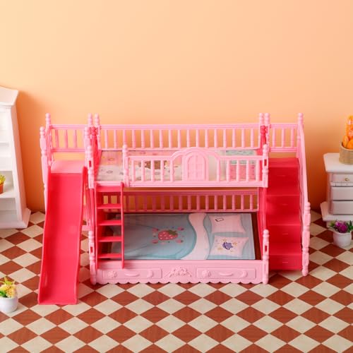 NOLITOY Miniature Bunk Bed with Slide for 6 Inch Dolls - Pink Double Deck Plastic Dollhouse Furniture Playset with Ladder & Bedding Accessories - Fits Small Dolls Figures NOLITOY