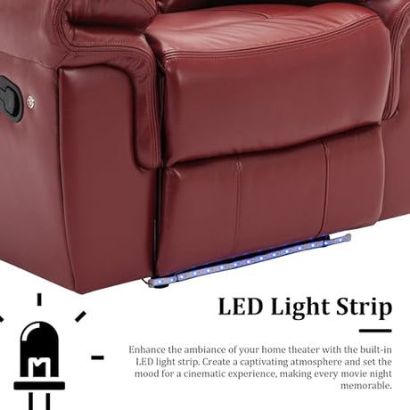 Olodumare Leather Recliner Chair with Adjustable Backrest, Modern Home Theater Seating with LED Light Strip for Living Room, Bedroom, Home Theater, RV(Wine Red) Olodumare