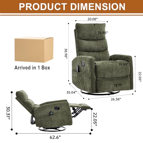 Manual Swivel Rocker Recliner Chair for Adults, Overstuffed Glider Chair for Nursing with Vibration Massage & Lumbar Heat, Living Room Rocking Recliner 3-Stage backrest, Chenille Fabric Green