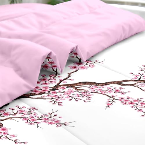 Pamnest Comforter Set King Size, Japanese Cherry Blossom 7 Pcs Bedding for Kids and Adults, Flower Painting Pink Bed Sheet Sets with Fitted Sheet 2 Pillowcase & 2 Sham for Bedroom Bed Decor Pamnest