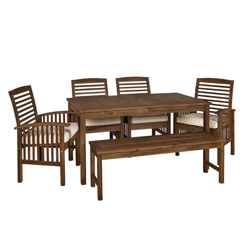 Walker Edison Rendezvous Modern 6 Piece Solid Acacia Wood Outdoor Dining Set, Set of 6, Dark Brown - WoodArtSupply