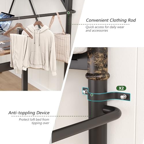 Twin Size Loft Bed with LED Lights and Charging Station, Industrial Heavy Duty Metal Loft Bed Frame with Ladder and Guardrail for Kids Adults, Small Space Saving Design for Bedroom Dorm, Black Jocoevol