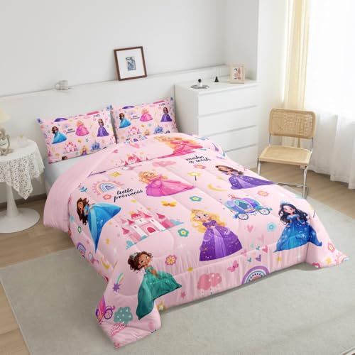 jejeloiu Kids Magical Princess Bedding Set Full Size Pink Castle Duvet Quilt for Boys Girls Teens Bedroom Decor Fairy Comforter Set Dreamy Breathable Soft Lightweight Microfiber 3Pcs jejeloiu