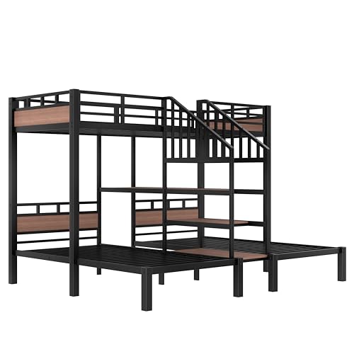 Bellemave Triple Bunk Bed for Kids Twin Over Twin & Twin with Storage Shelf & Stairs, Heavy Duty Metal Bunkbed Frame for Kids & Adults, Space Saving Triple Bunk Beds with Guardrails, Black Bellemave