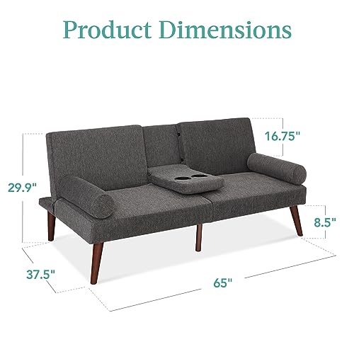 Best Choice Products Mid-Century Modern Upholstered Futon, Convertible Folding Sofa Bed, Small Couch w/Rounded Armrests, 2 Cupholders - Charcoal Best Choice Products