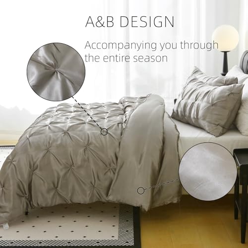 Setguopal Satin Comforter Set King Size, 3-Piece Light Grey Pinch Pleat Bedding Sets, Comforter, Pillowcases, Offering Exceptionally Soft and Smooth Comfort for All Season Use Setguopal
