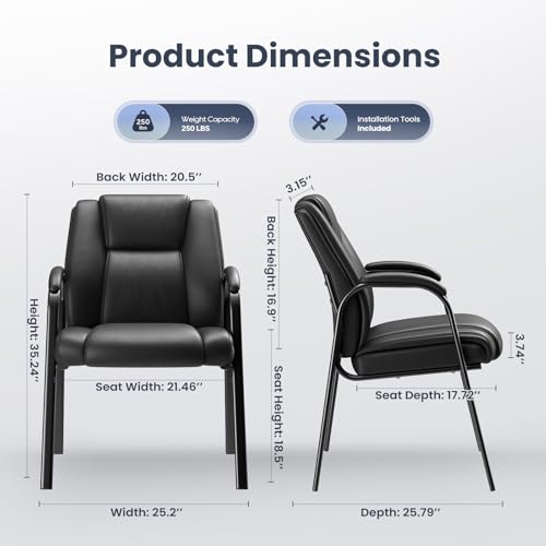 MALOL Office Guest Chair with Armrest, PU Leather Reception Chair for Office & Waiting Room, 250LBS, One-Piece Welded Steel Frame, Sponge Cushion for Long Sitting Comfort – Black,Set of 4
