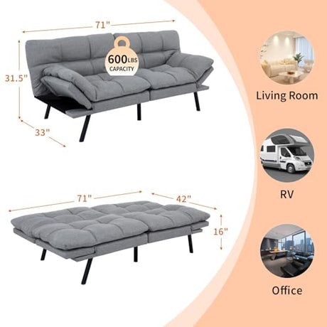 MUUEGM Futon Sofa Bed 71" Ash Convertible Memory Foam Futon Couch Bed Modern Loveseat Sleeper with Adjustable Backrests Armrests for Living Room,Small Space,Office MUUEGM