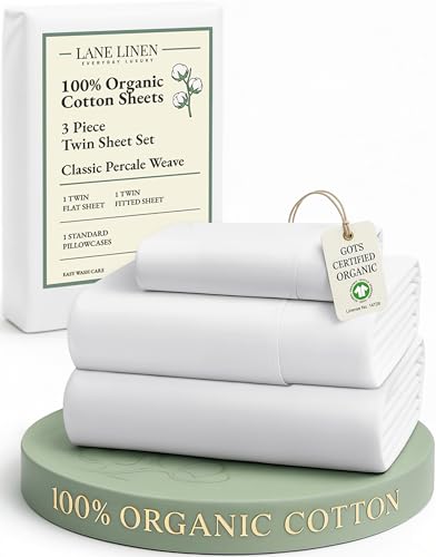 LANE LINEN 100% Organic Cotton Twin Sheets Set, 3Pc Twin Bed Sheets, Soft & Comfy Breathable Cotton Percale Sheets for Twin Size Bed, Dorm Room Essentials Low Pill Fade Resistant White Sheets LANE LINEN