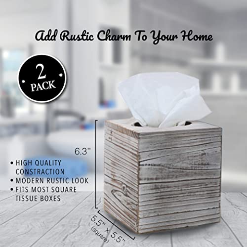 White Barnwood Tissue Box Cover: 2 Pack Tissue Box Holder Includes Slide-Out Bottom Panel, Stylish Tissue Box Cover Square Perfect for Farmhouse Bathroom Decor