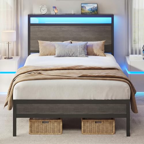 Fluest Twin Bed Frame with Headboard & Footboard, Twin Bed Frame with Charging Station & LED Light, Under-Bed-Storage, No Box Spring Needed, Noise Free, Easy Assembly, Rustic Grey Fluest
