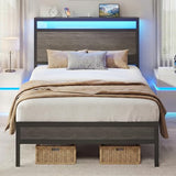 Fluest Twin Bed Frame with Headboard & Footboard, Twin Bed Frame with Charging Station & LED Light, Under-Bed-Storage, No Box Spring Needed, Noise Free, Easy Assembly, Rustic Grey Fluest