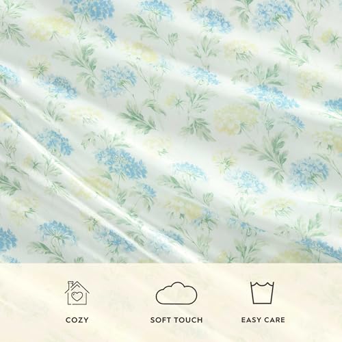 Laura Ashley - Full Size Sheet Set, Crisp & Cool Printed Satin Bedding with a Light and Breathable Feel, 4 Piece Bed Sheets with Deep Pocket Fitted Sheet & Matching Pillowcases (Edwina Blue) Laura Ashley