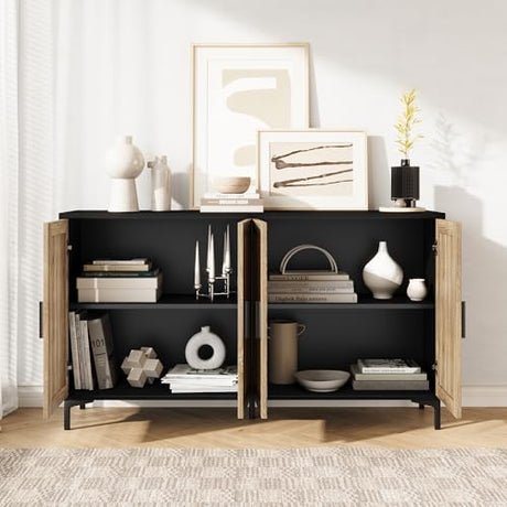 JASIWAY Sideboard - Buffet Cabinet with Storage, Rattan Kitchen Buffet Cabinet Accent Sideboard Cabinets with Doors, Coffee Bar Cabinets Rattan Sideboards for Living Room, Entryway, Black JASIWAY