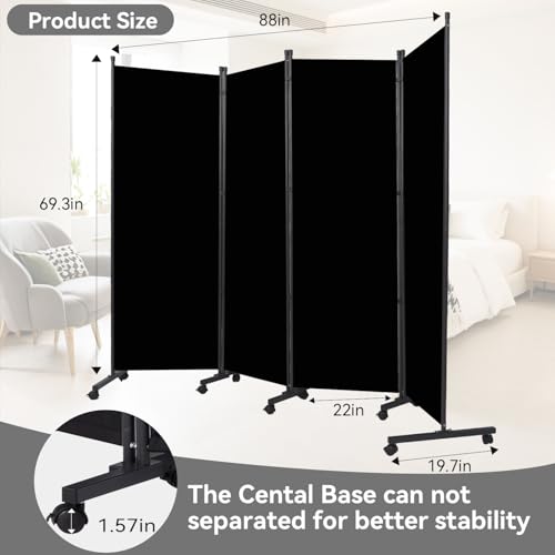 Room Divider (4 Panel) Wall Divider for Room Separation, 88 inch Wide Portable Privacy Screens W/Wheels, Metal Frame Freestanding Room Separators 5.6FT Room Partitions and Dividers YASRKML