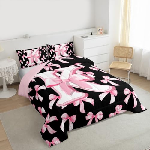 Feelyou Kids Girls Cute Pink Bow Comforter Set Twin Size Initial Letter K Bedding Set Coquette Bow Knot Duvet Quilt Bedroom Monogrammed Decor Personalized Teen Girl Women Gifts Ultra Soft Breathable Feelyou