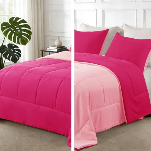 Exclusivo Mezcla Lightweight Reversible Twin Size Comforter Set, Down Alternative Comforter with 1 Pillow Sham, Twin Size Bedding Set for All Seasons, Hot Pink/Bright Pink Exclusivo Mezcla