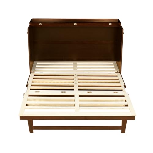 KMBOHE Queen Size Murphy Cabinet Bed with Storage Drawer, Farmhouse Style Pine Wood Wall Bed with Rattan Decoration, Space Saving Folding Bed for Apartment, Guest Room and Office, Walnut KMBOHE
