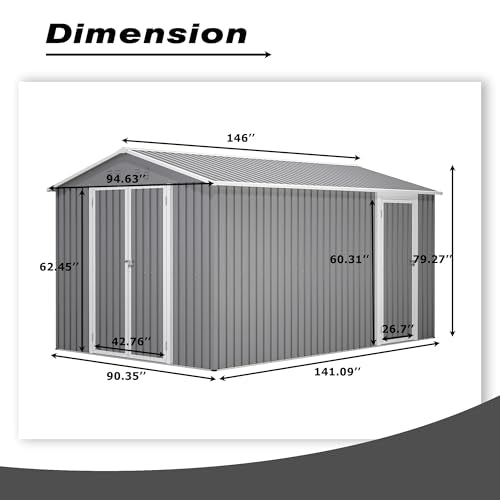 Ball & Cast 8x12 FT Storage Shed with 2 Lockable Doors,All Weather Outdoor Metal Tool House W/Floor Frame and 2 Vents,for Backyard,Patio,Lawn,Garden,Grey