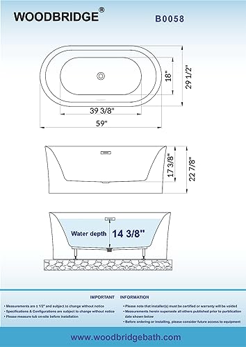 WOODBRIDGE 59" Acrylic Freestanding Bathtub Contemporary Soaking Tub with Matte Black Overflow and Drain, White Tub WOODBRIDGE
