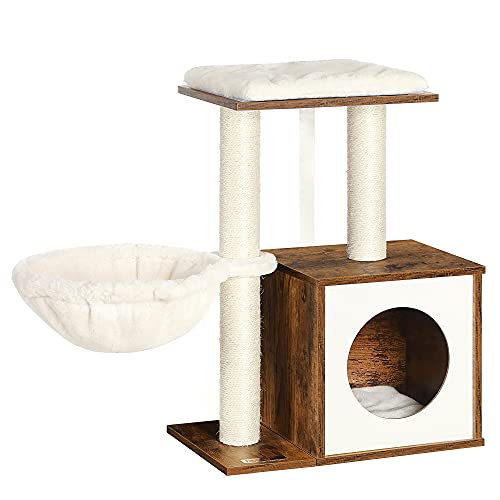 FEANDREA WoodyWonders Small Cat Tree for Kittens, Modern Cat Tower for Indoor Cats, Cat Condo with Scratching Posts, Removable Washable Cushions, Rustic Brown UPCT122X01 - WoodArtSupply