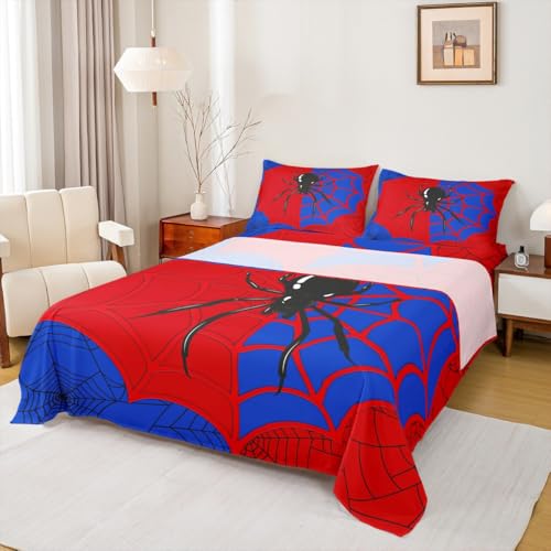 Spider Web Kids Sheet King Size,Black Spider Arachnid Insect Animals Bedding Set,Boys Girls Women Men Room Decor,Halloween GothicRed Blue Unique Bed Sheet Set 4pcs(Fitted + Flat + 2 Pillowcases) Manfei