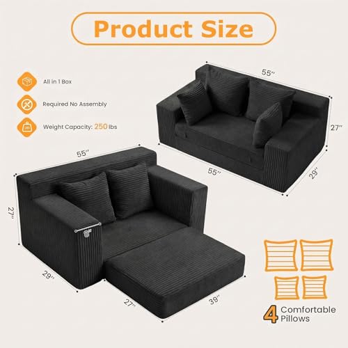 55" Small Boneless Couch, 3-in-1 Boneless Loveseat Sleeper Sofa Bed Convertible Sofa Bed with 4 Pillows, Black Corduroy Boneless Couch for Living Room, Guest Room, Small Space, No Assembly Required Winzoo